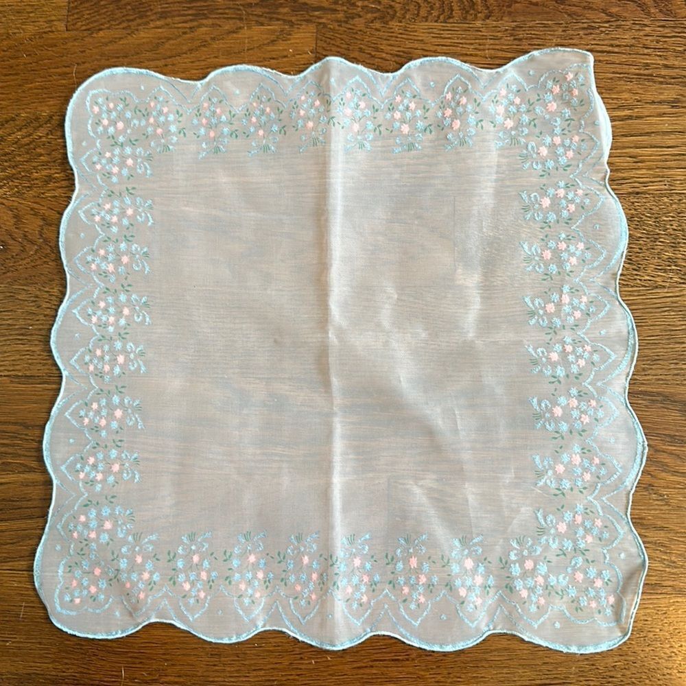 Vintage semi sheer nylon embossed‎  pink & blue floral embossed handkerchief